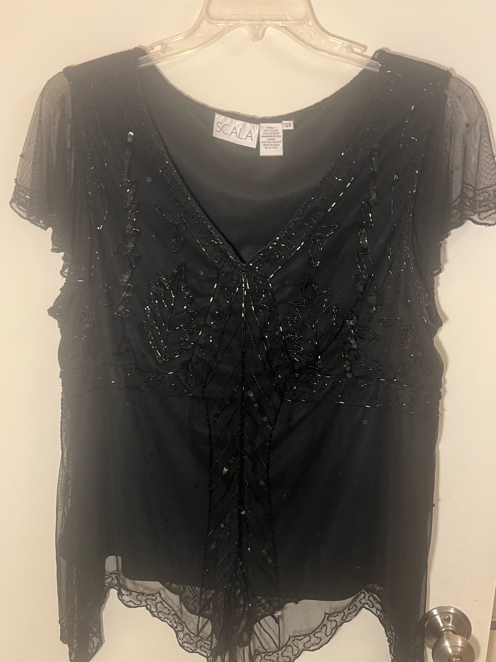 Scala Black Beaded V-Neck Sheer Overlay Evening Blouse, Size 3x - Picture 3 of 3